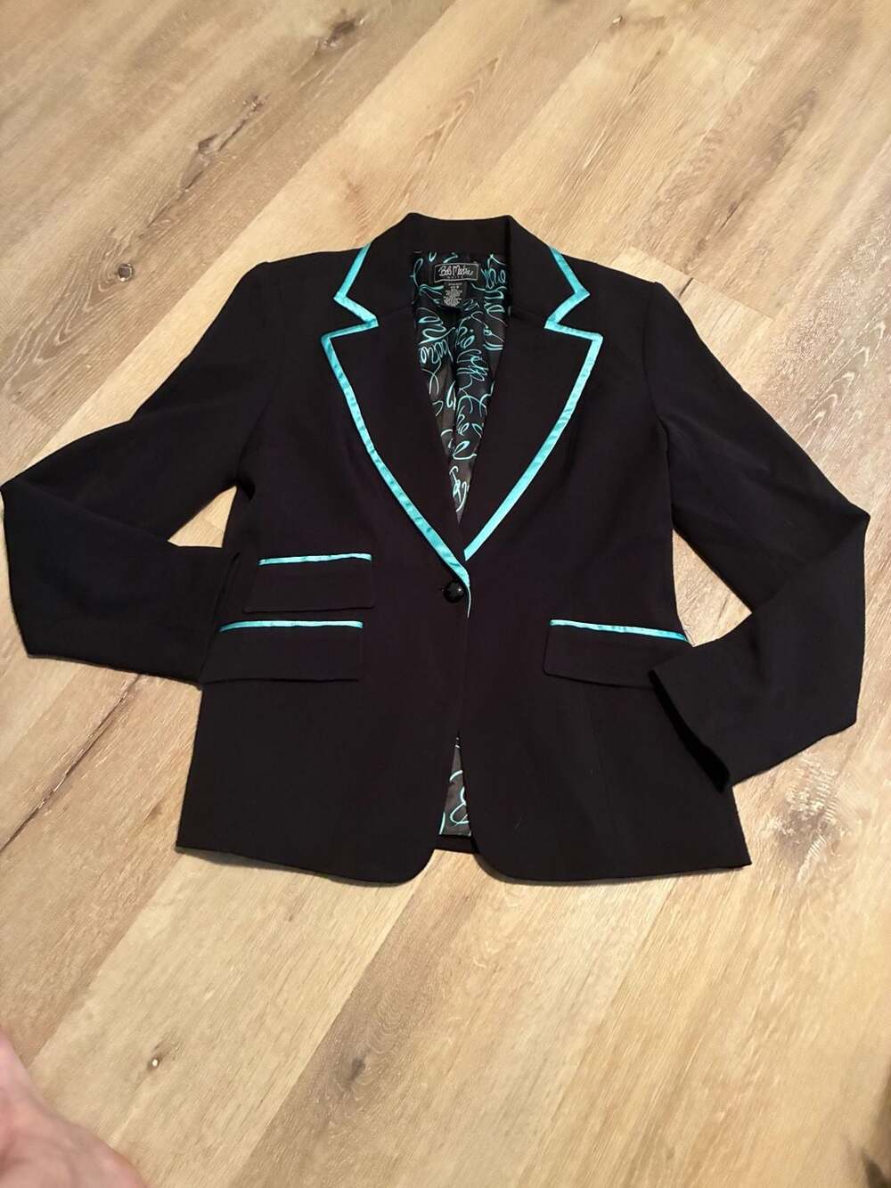 Bob Mackie Suits Black Blazer Jacket with Teal Piping Size 6